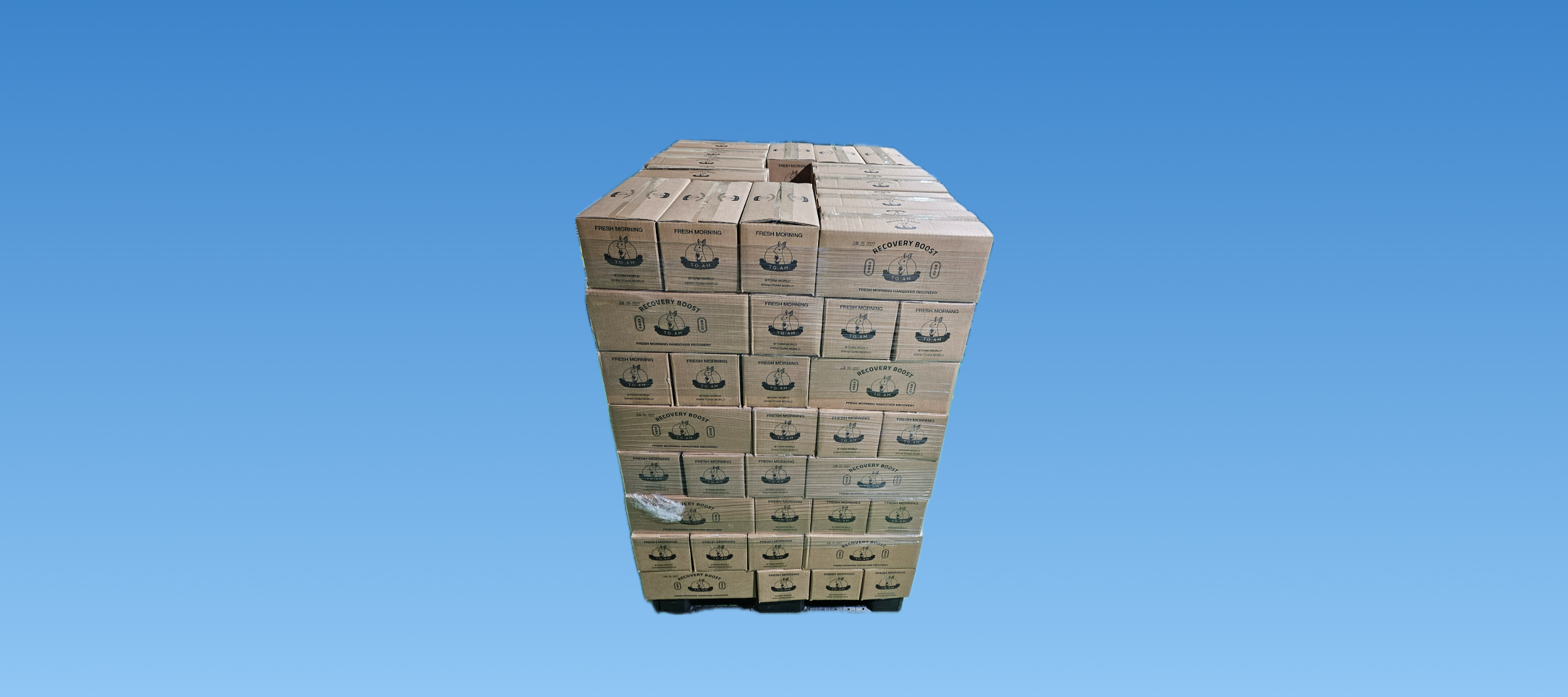 Stack of TO. AM boxes with a blue background
