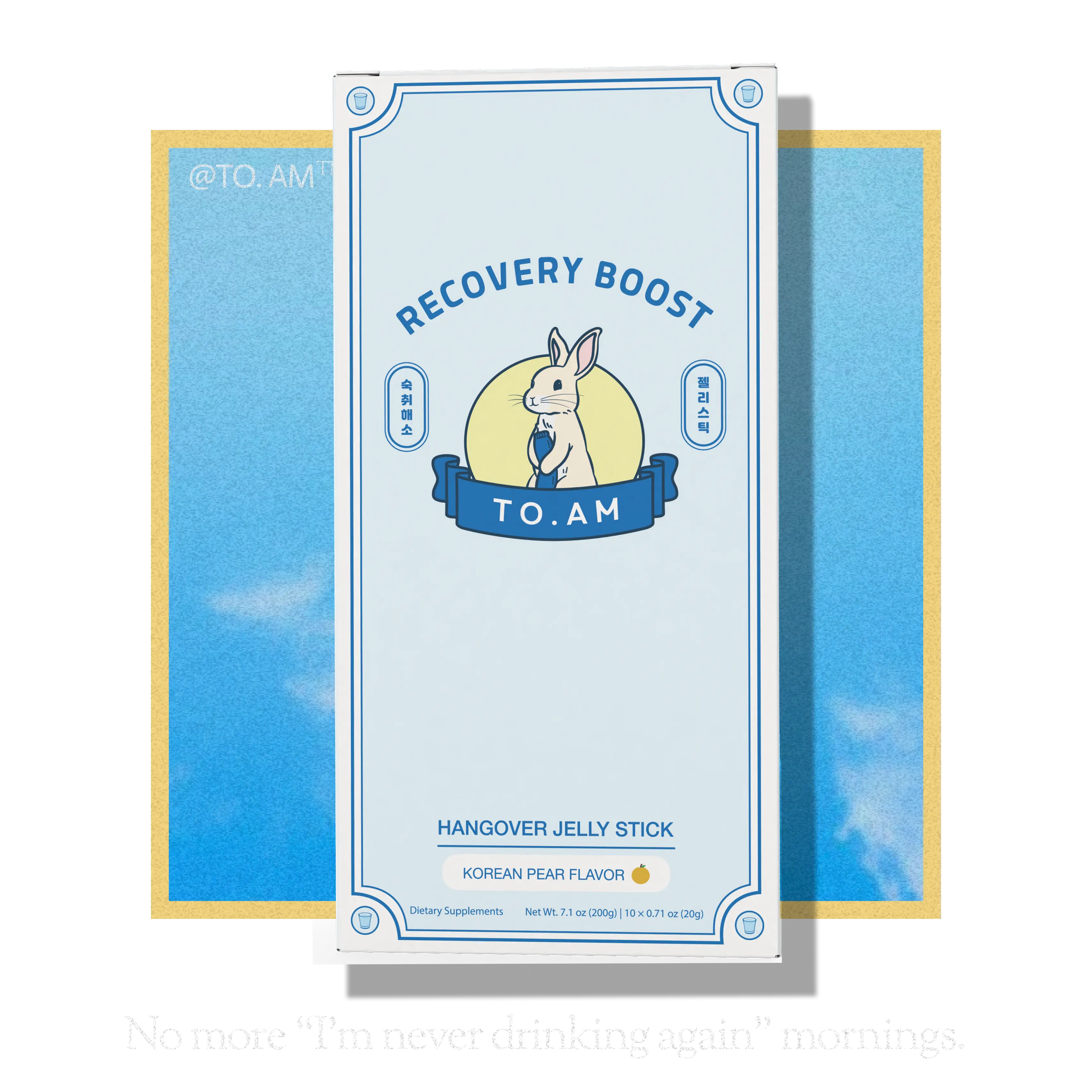 TO.AM Recovery Boost Hangover Jelly Stick packaging with a blue sky background
