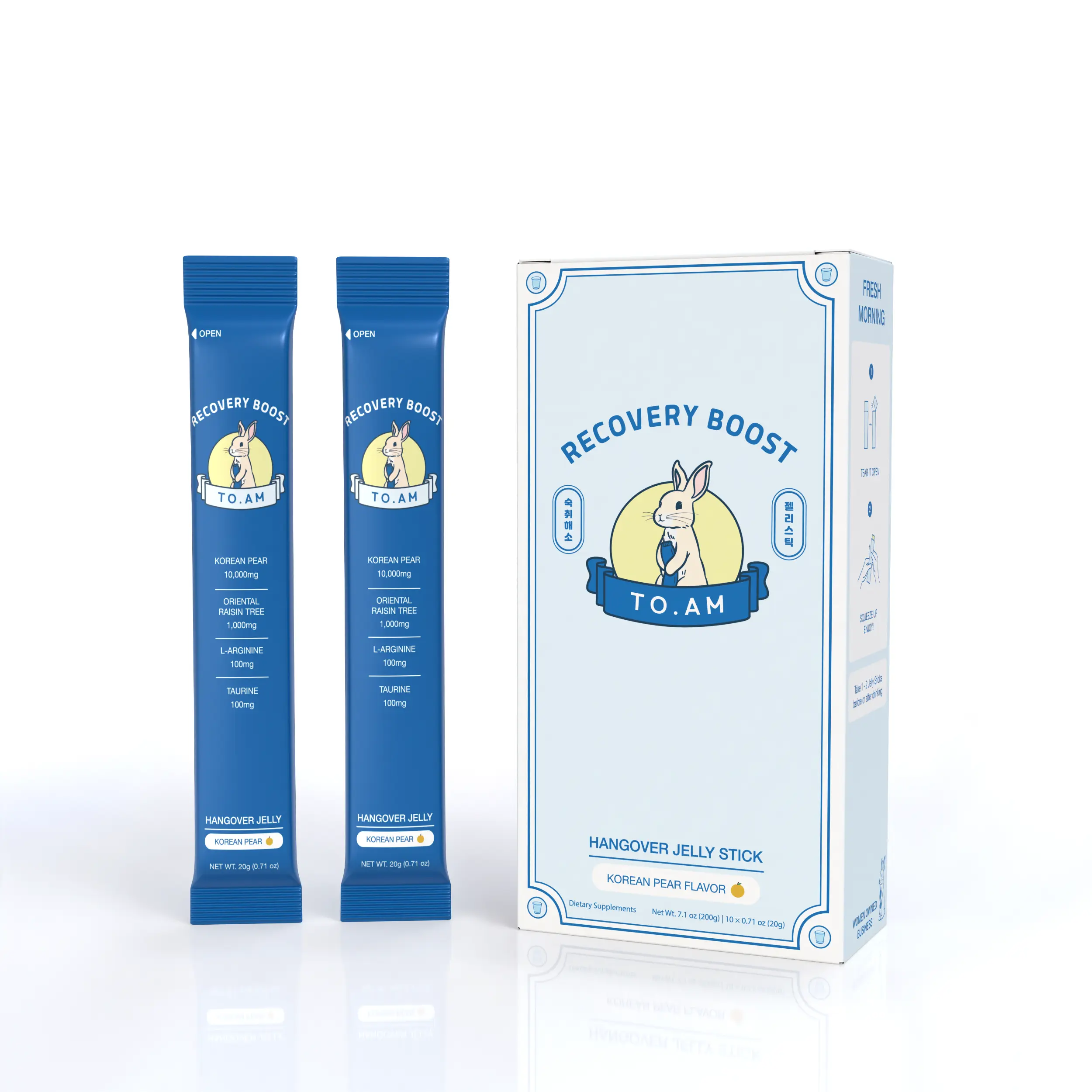 Recovery Boost TO. AM hangover jelly stick packaging on a white background