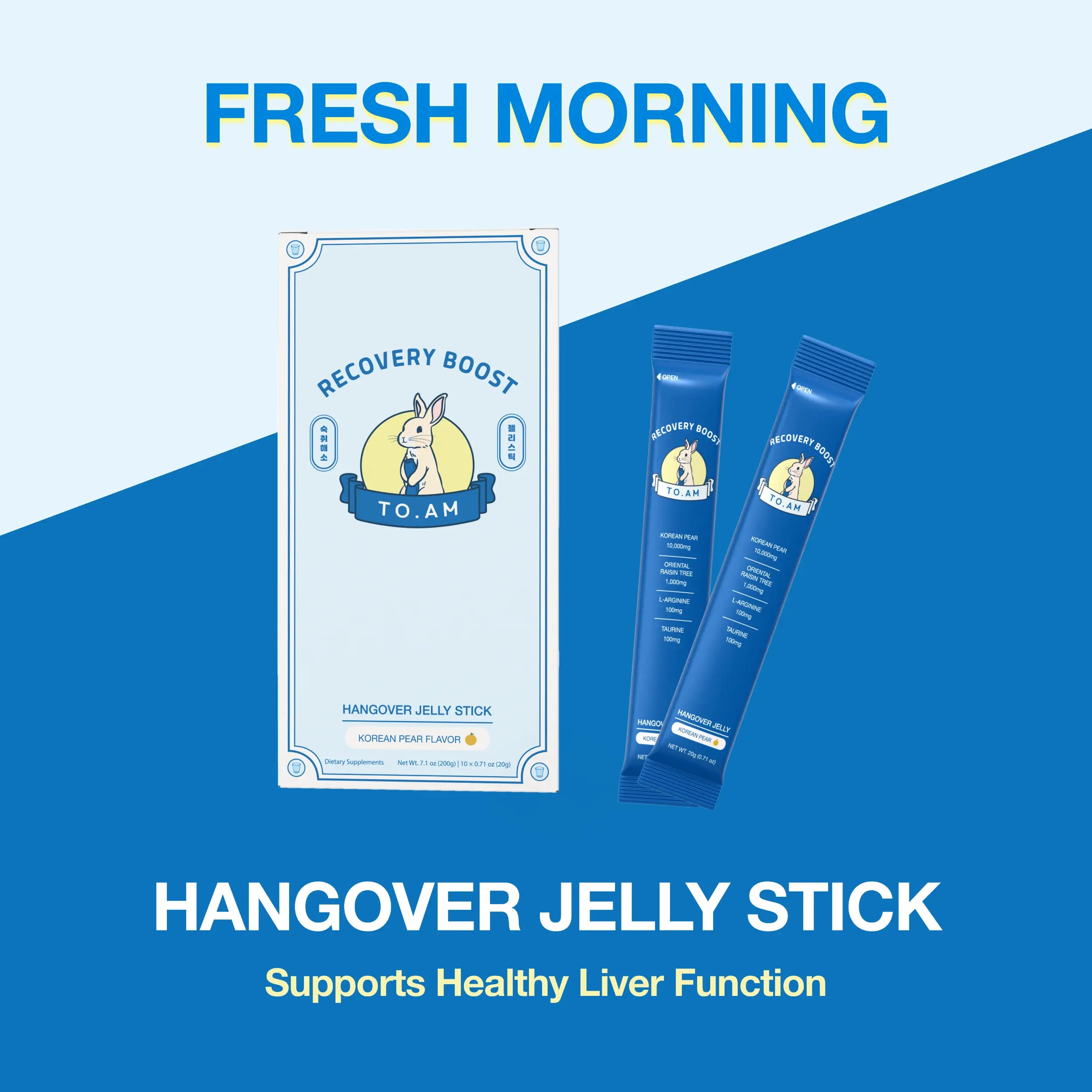 TO. AM Hangover jelly stick packaging with branding on a blue background